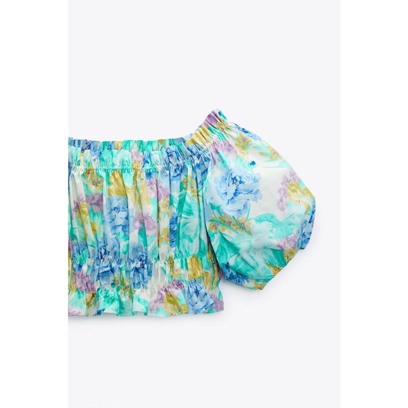 Zara Floral Printed Puff Sleeve Off The Shoulder Top - Picture 5 of 9
